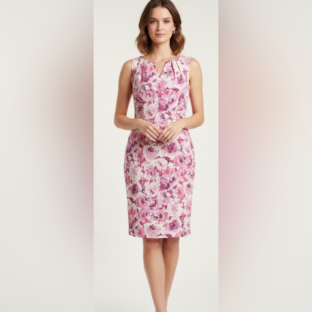 Adrianna Papell Pink Rose Floral Sheath Dress Sleeveless V-Neck Pleated